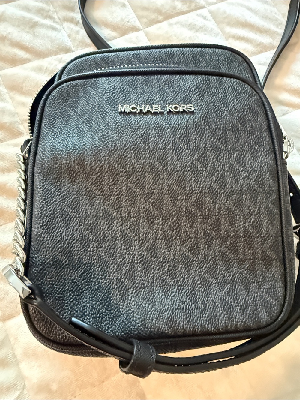 Michael Kors Black & Silver Signature Logo Crossbody with Silver Chain Purse - Picture 6 of 6